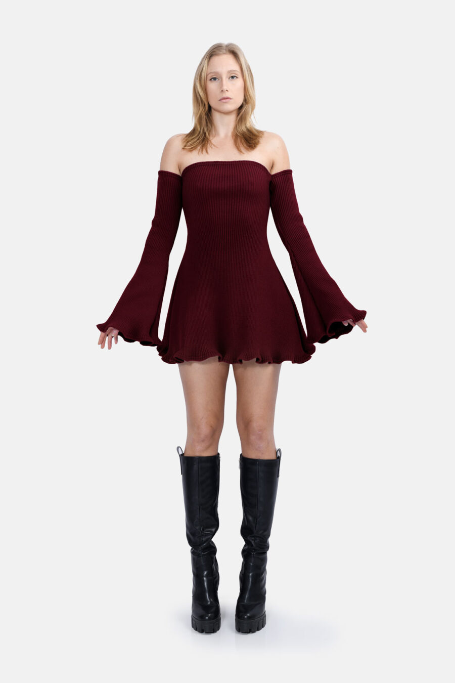 Red Allure Disgner Rib Knit Mini Dress With Flared Sleeves Kargede Designer Dress Front Out - Allure – Red Knit Jumper Dress