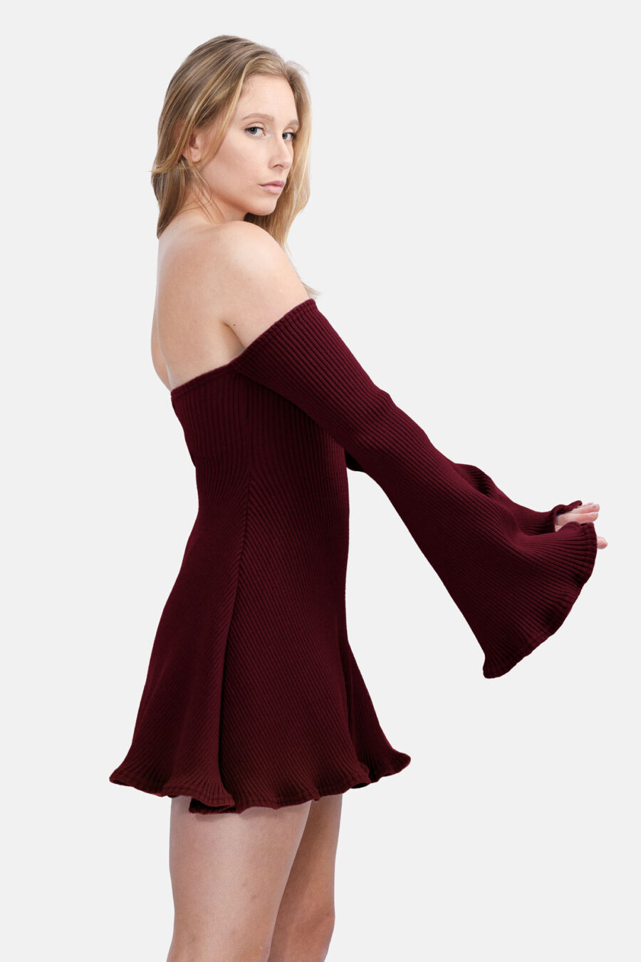 Red Allure Disgner Rib Knit Mini Dress With Flared Sleeves Kargede Designer Dress Side - Allure – Red Knit Jumper Dress