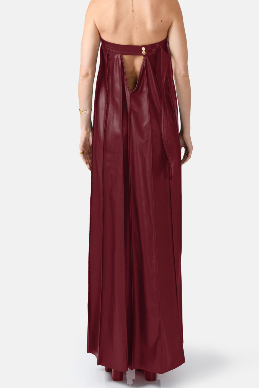 Red Vegan Leather Pleated Maxi Dress Kargede Designer Dress Back - Desire – Burgundy Red Strapless Pleated Maxi Dress, Vegan Leather