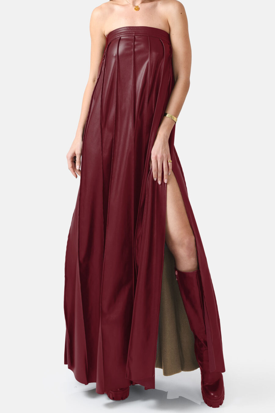 Red Vegan Leather Pleated Maxi Dress Kargede Designer Dress Front - Desire – Burgundy Red Strapless Pleated Maxi Dress, Vegan Leather