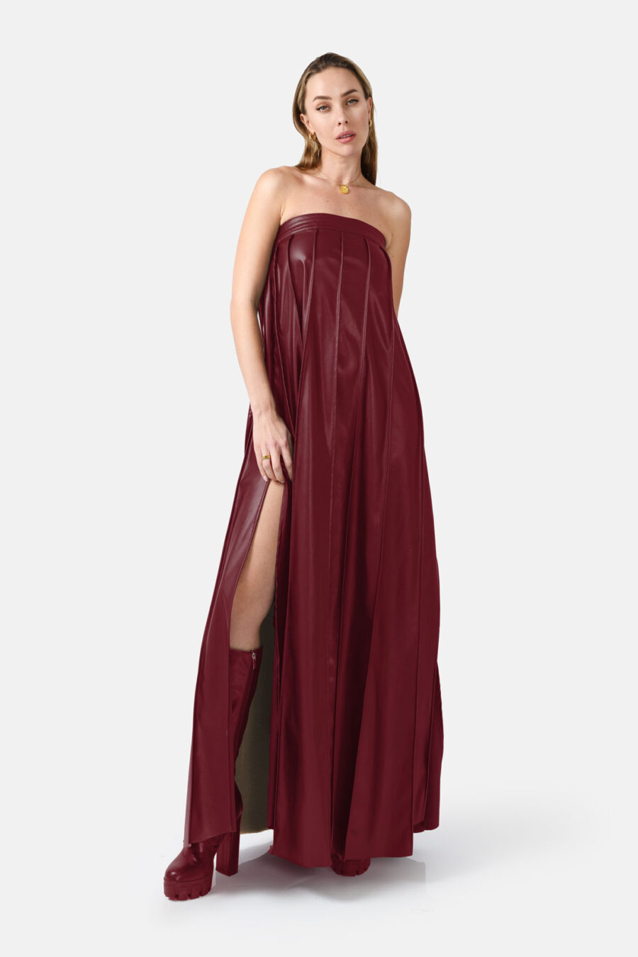 Red Vegan Leather Pleated Maxi Dress Kargede Designer Dress Front - Desire – Burgundy Red Strapless Pleated Maxi Dress, Vegan Leather