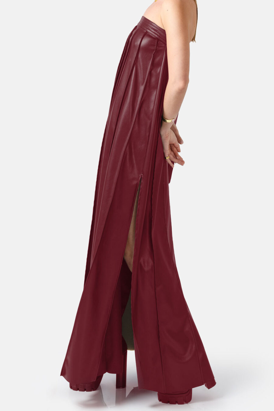 Red Vegan Leather Pleated Maxi Dress Kargede Designer Dress Side - Desire – Burgundy Red Strapless Pleated Maxi Dress, Vegan Leather