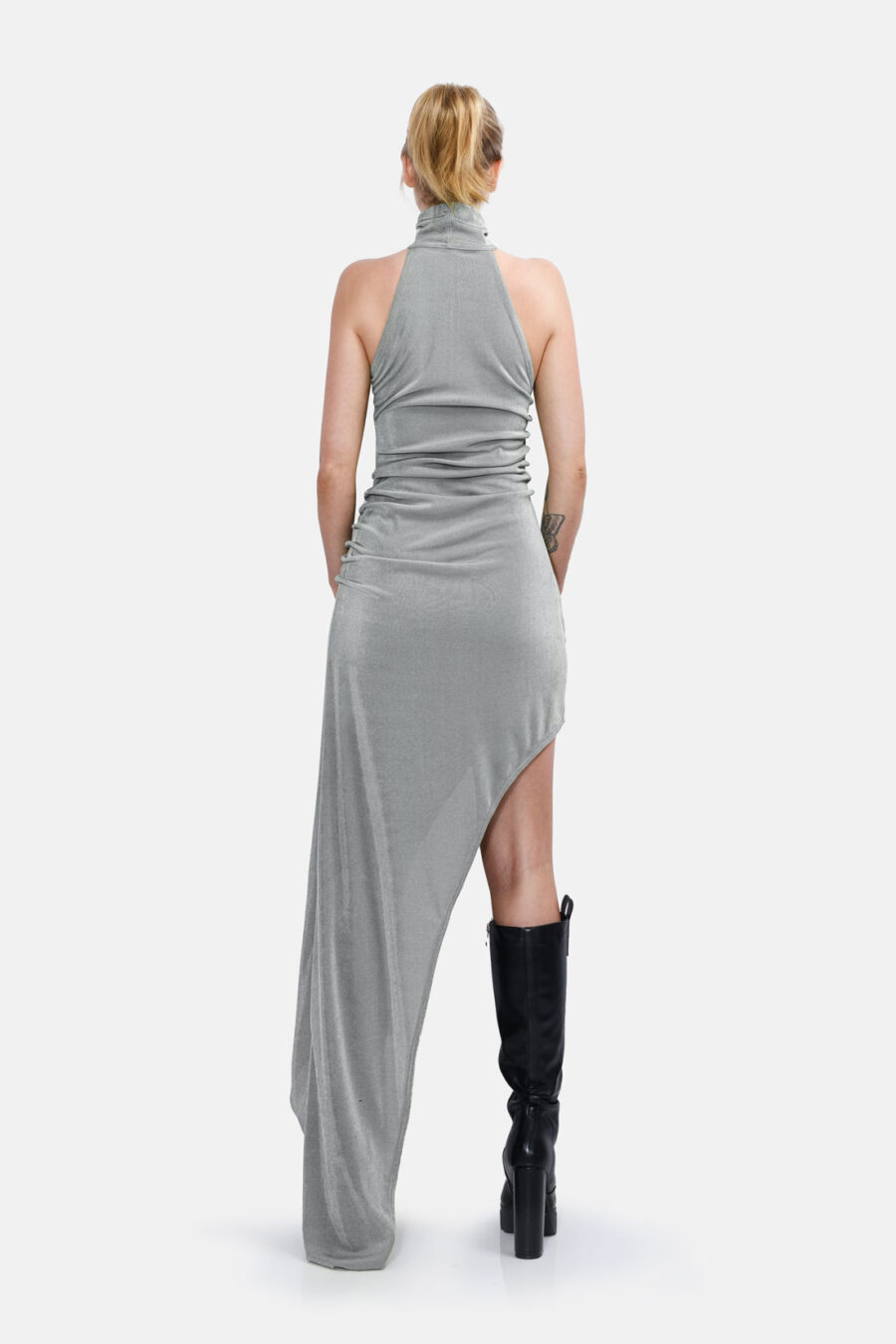 Silver Slinky Asymmetrical Maxi Dress High Neck Kargede Designer Dress Back - Zephyr – Shimmering Slinky Silver Asymmetrical Maxi Dress