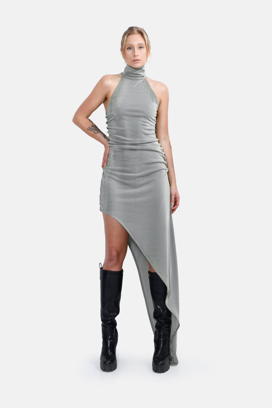 Silver Slinky Asymmetrical Maxi Dress High Neck Kargede Designer Dress Front - Zephyr – Shimmering Slinky Silver Asymmetrical Maxi Dress