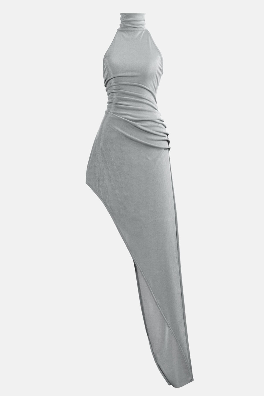 Silver Slinky Asymmetrical Maxi Dress High Neck Kargede Designer Dress GM - Zephyr – Shimmering Slinky Silver Asymmetrical Maxi Dress