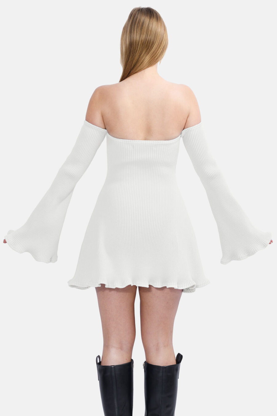 White Allure Disgner Rib Knit Mini Dress With Flared Sleeves Kargede Designer Dress Back - Allure – White Knit Jumper Dress