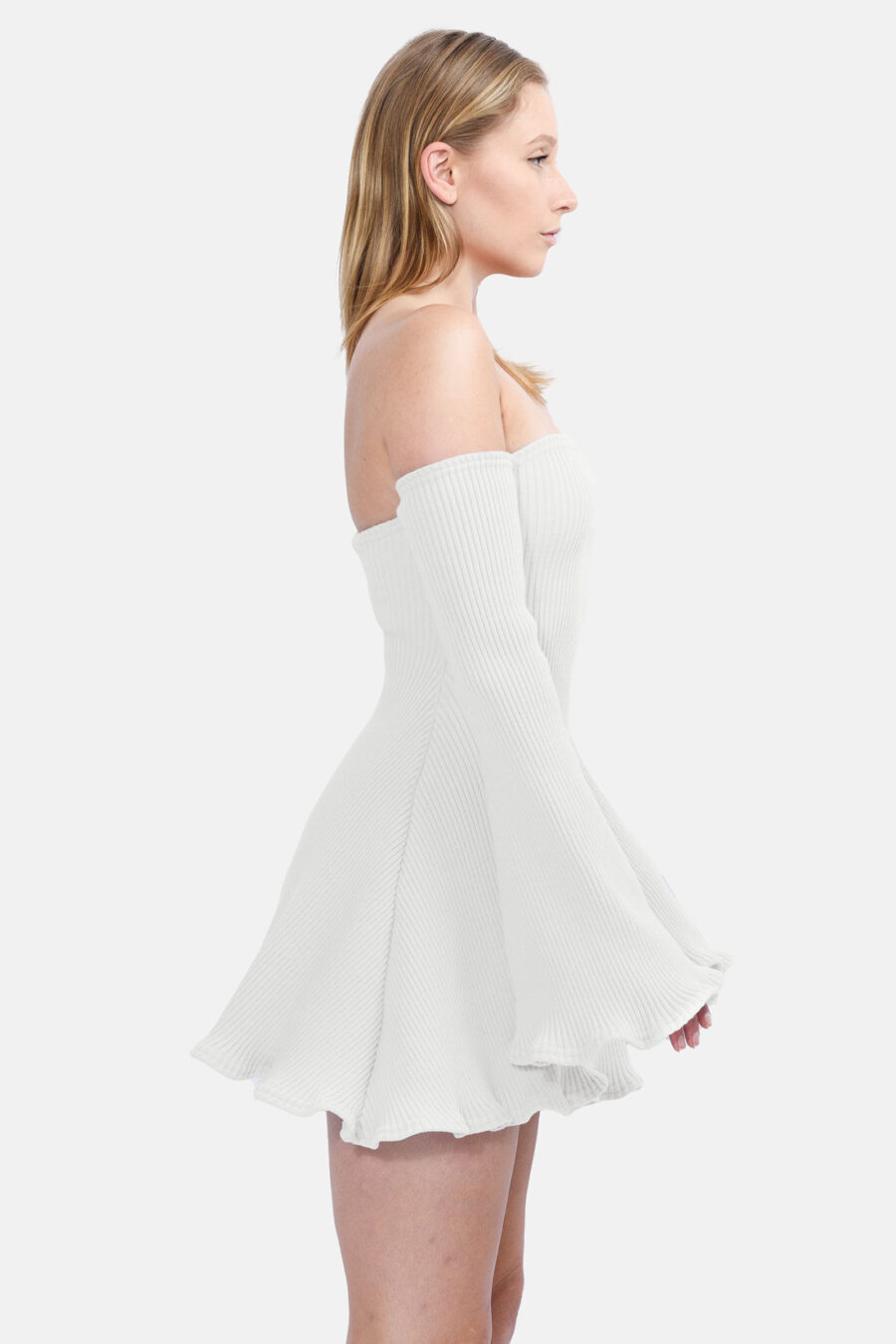 White Allure Disgner Rib Knit Mini Dress With Flared Sleeves Kargede Designer Dress Side - Allure – White Knit Jumper Dress