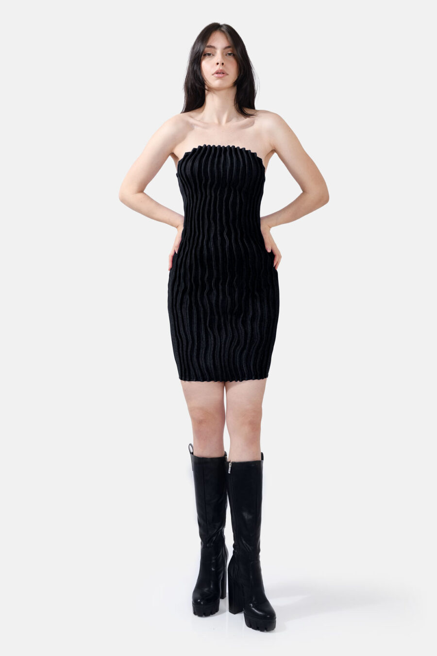 Black Rib Knit Mini Dress Pleated Knitwear Kargede Designer Dress Front Avila Out - Mycel – Black Rib Knit Mini Dress