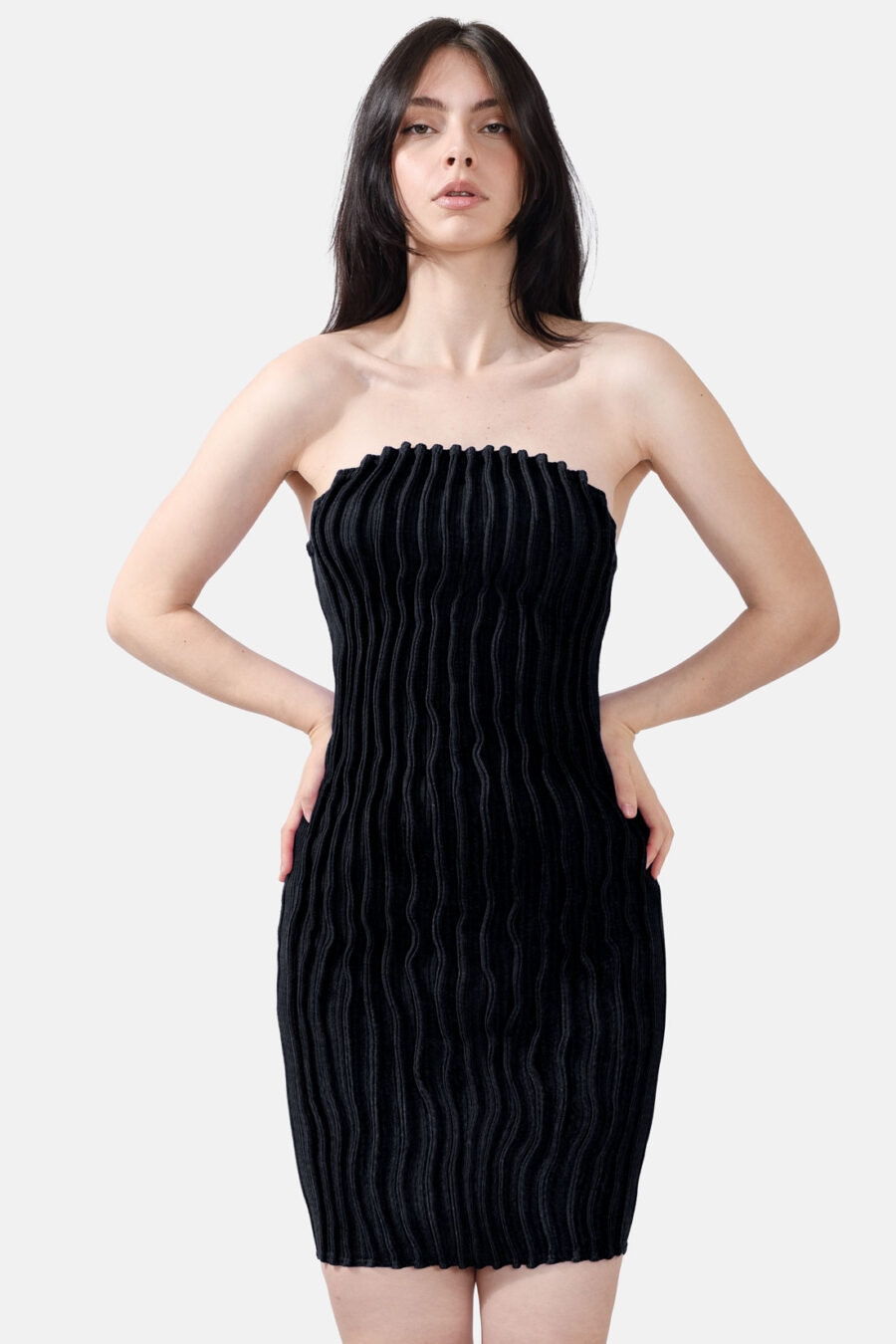 Black Rib Knit Mini Dress Pleated Knitwear Kargede Designer Dress Front Avila - Mycel – Black Rib Knit Mini Dress