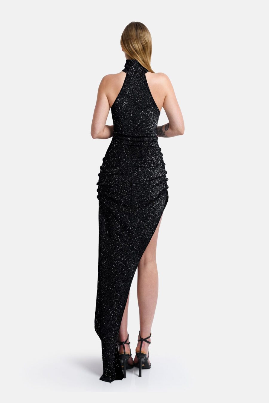 Black Shimmering Sparkle Asymmetrical Maxi Dress Kargede Desigenr New Years Eve Dress Back - Siren – Black Sparkling Maxi Dress