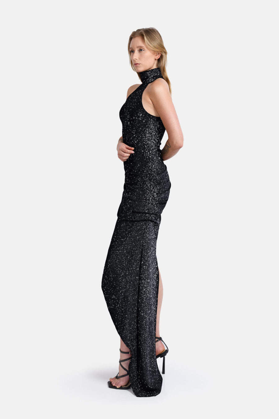 Black Shimmering Sparkle Asymmetrical Maxi Dress Kargede Desigenr New Years Eve Dress Side - Siren – Black Sparkling Maxi Dress