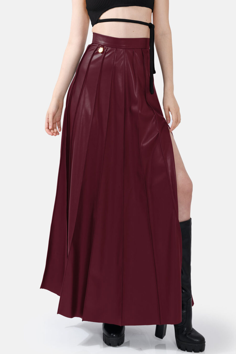 Burgundy Red Pleated Vegan Leather Maxi Skirt Kargede Designer Skirt Front Avila - Solace – Pleated Burgundy Red Vegan Leather Maxi Skirt