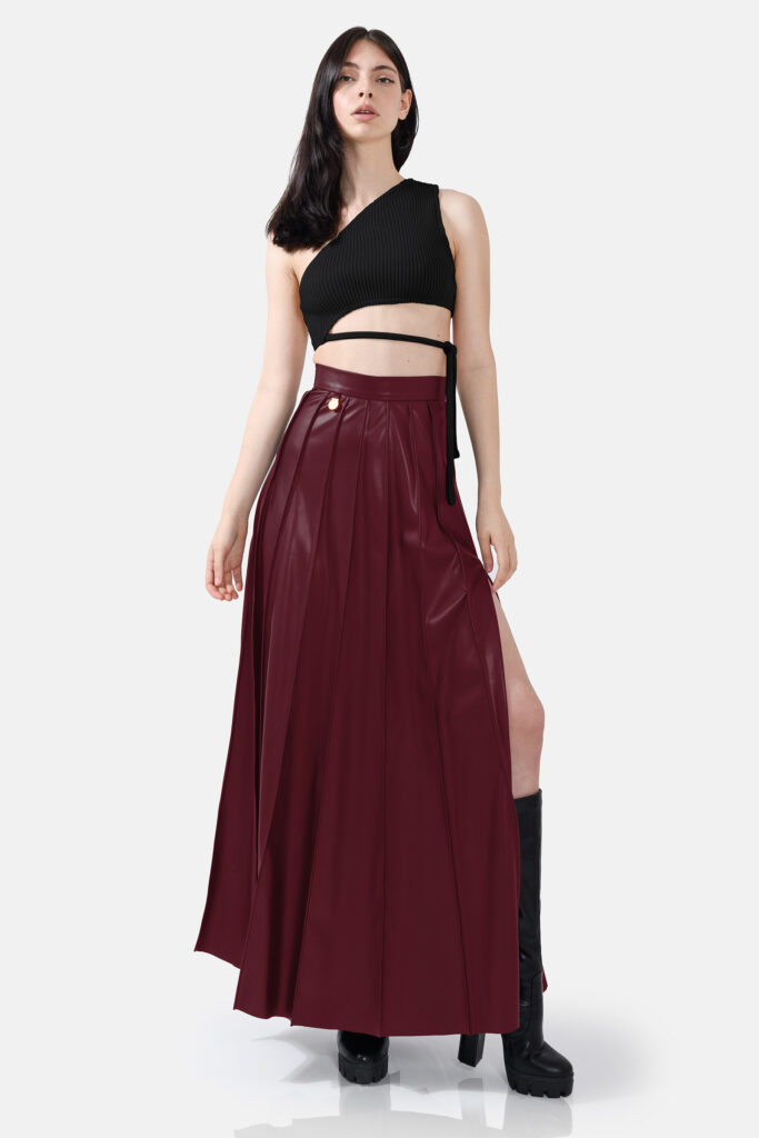 Burgundy Red Pleated Vegan Leather Maxi Skirt Kargede Designer Skirt Front HDx - Kargede - Women's Designer Fashion Clothing Sustainably Made