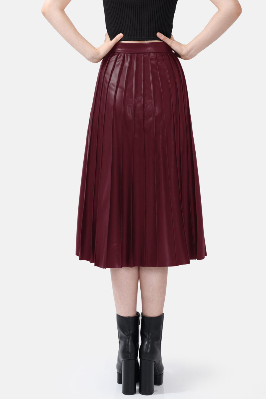 Burgundy Red Pleated Vegan Leather Midi Skirt Kargede Designer Skirt Back Avila - Solace – Pleated Burgundy Red Vegan Leather Midi Skirt