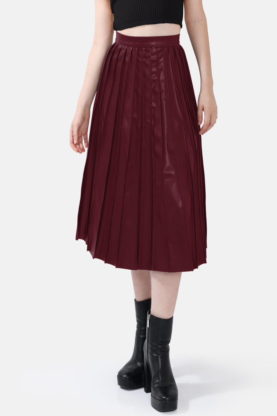 Burgundy Red Pleated Vegan Leather Midi Skirt Kargede Designer Skirt Front Avila - Solace – Pleated Burgundy Red Vegan Leather Midi Skirt