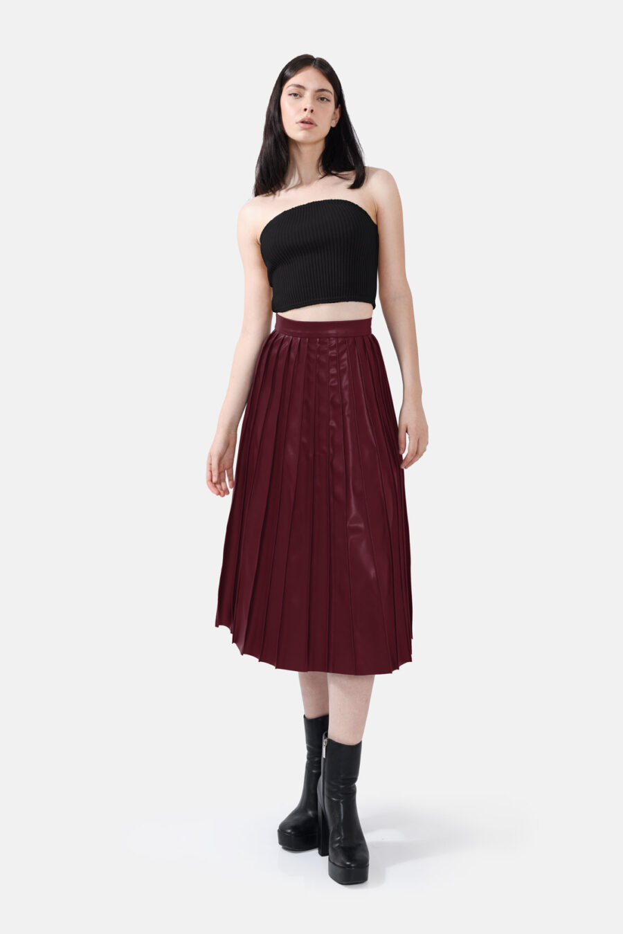 Burgundy Red Pleated Vegan Leather Midi Skirt Kargede Designer Skirt Front Avila Out - Solace – Pleated Burgundy Red Vegan Leather Midi Skirt