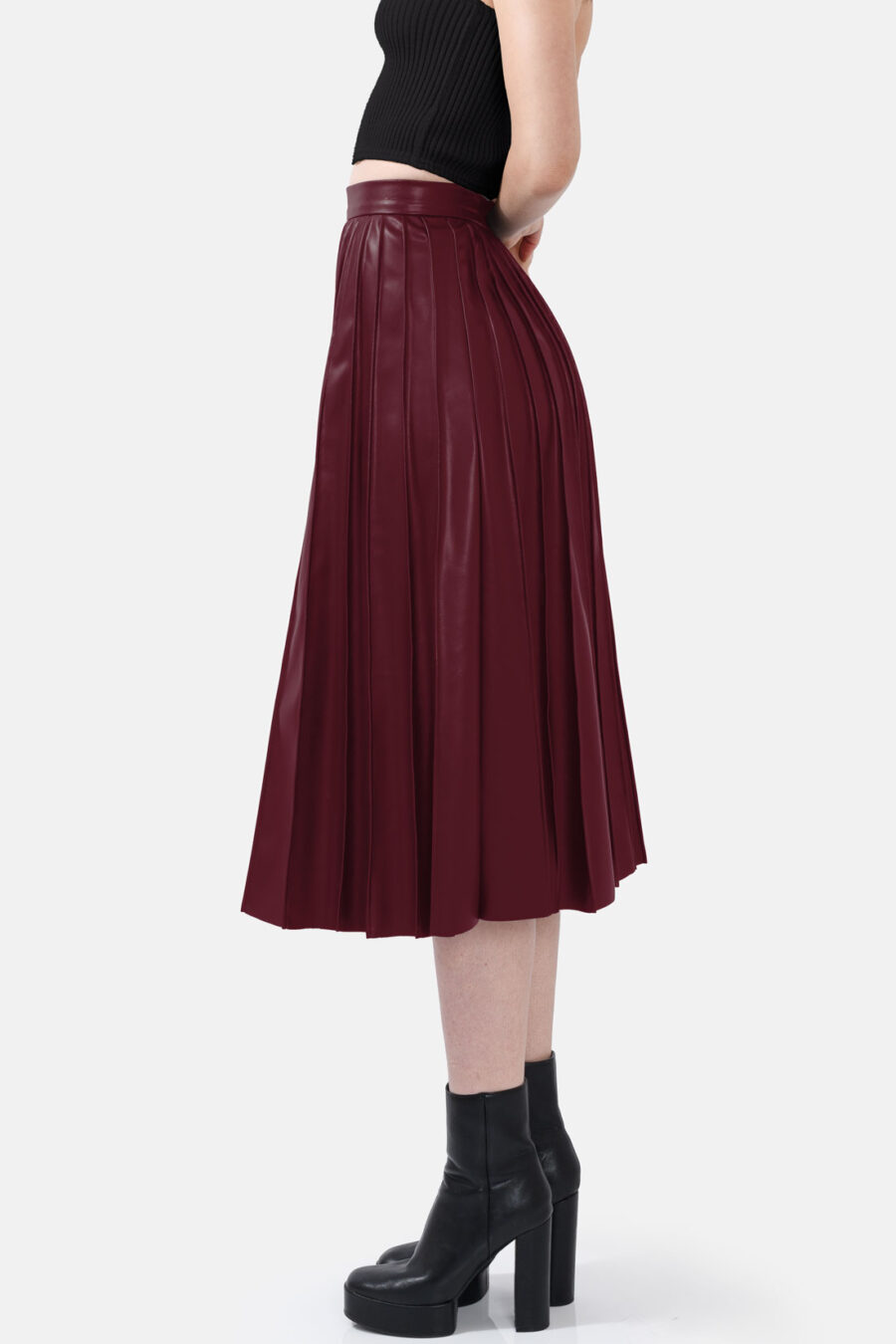 Burgundy Red Pleated Vegan Leather Midi Skirt Kargede Designer Skirt Side Avila - Solace – Pleated Burgundy Red Vegan Leather Midi Skirt