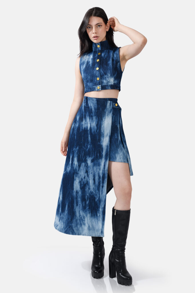 Denim Wrap Skirt Belt Tie Kargede Designer Skirt Blue Ocean Bleached Denim Skirt Front HDx - Kargede - Women's Designer Fashion Clothing Sustainably Made