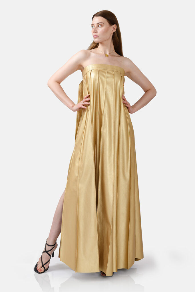 Gold Vegan Leather Pleated Maxi Dress Kargede Designer Dress Front Out HDx - Kargede - Women's Designer Fashion Clothing Sustainably Made - Kargede - Women's Designer Fashion Clothing Sustainably Made