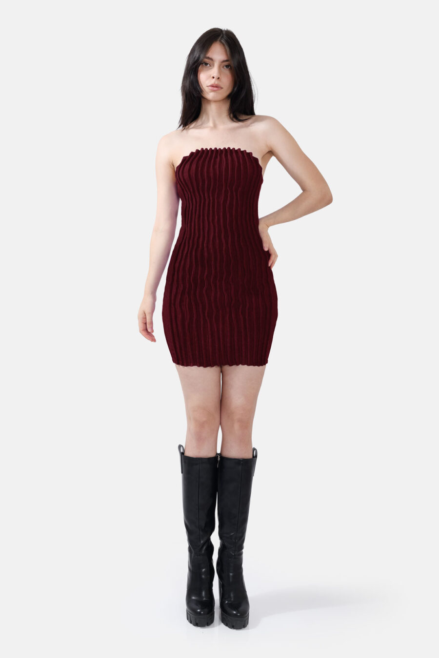 Red Rib Knit Mini Dress Pleated Knitwear Kargede Designer Dress Front Avila Out - Mycel – Red Rib Knit Mini Dress