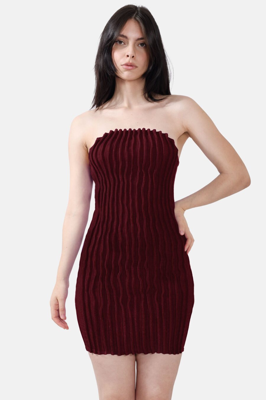 Red Rib Knit Mini Dress Pleated Knitwear Kargede Designer Dress Front Avila - Mycel – Red Rib Knit Mini Dress