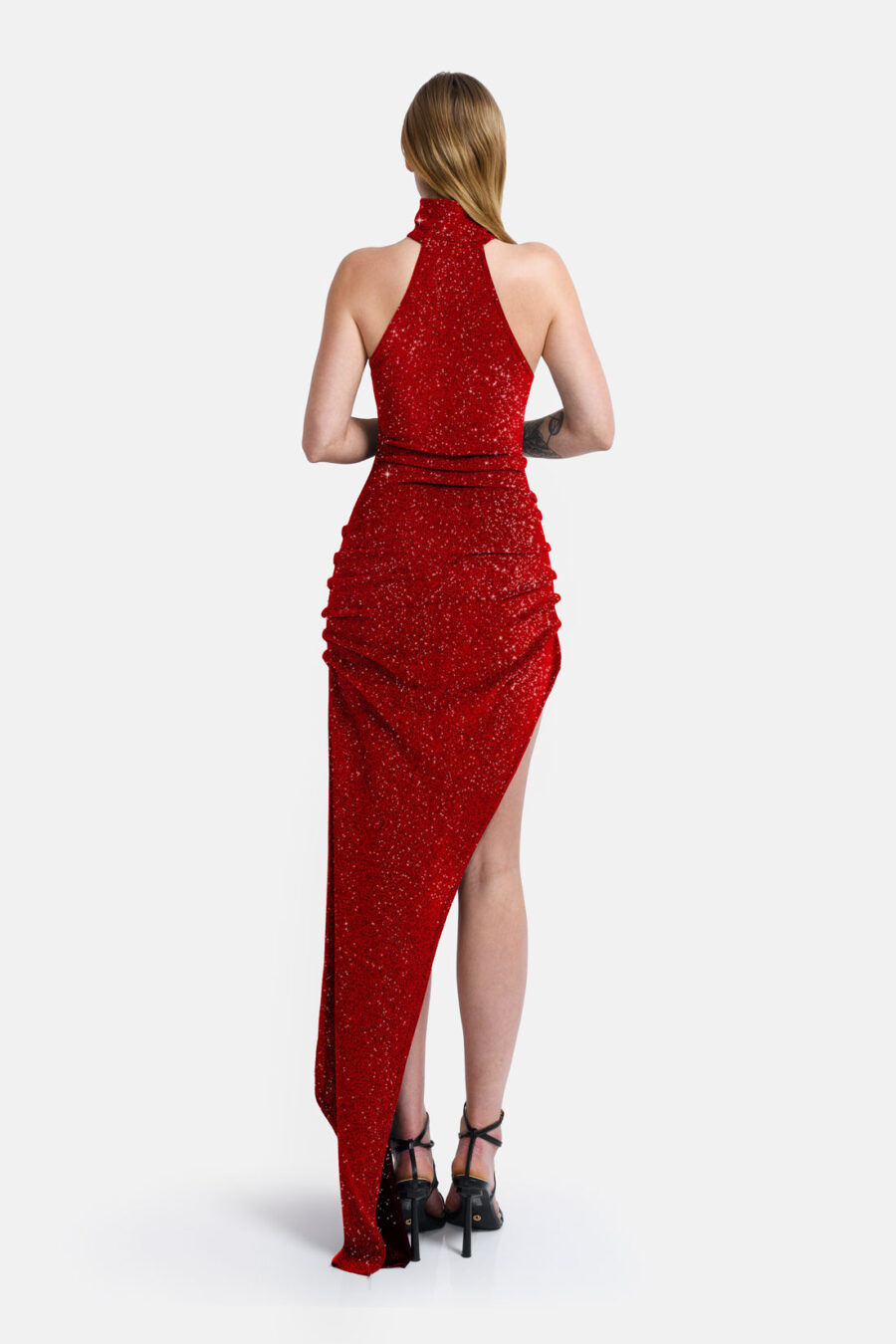 Red Shimmering Sparkle Asymmetrical Maxi Dress Kargede Desigenr New Years Eve Dress Back - Siren – Red Sparkling Maxi Dress