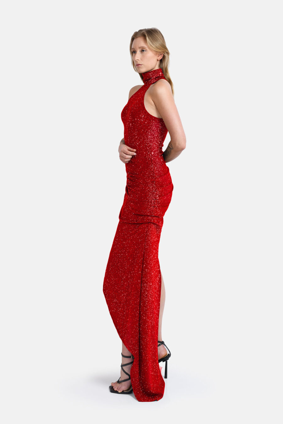 Red Shimmering Sparkle Asymmetrical Maxi Dress Kargede Desigenr New Years Eve Dress Side - Siren – Red Sparkling Maxi Dress