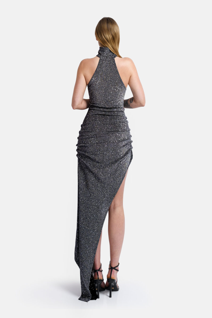 Silver Shimmering Sparkle Asymmetrical Maxi Dress Kargede Desigenr New Years Eve Dress Back - Siren – Silver Sparkling Maxi Dress