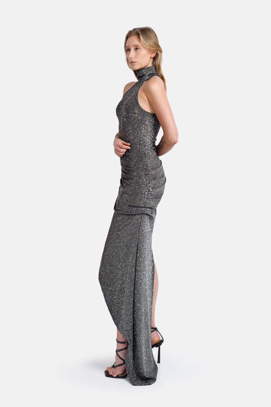 Silver Shimmering Sparkle Asymmetrical Maxi Dress Kargede Desigenr New Years Eve Dress Side - Siren – Silver Sparkling Maxi Dress