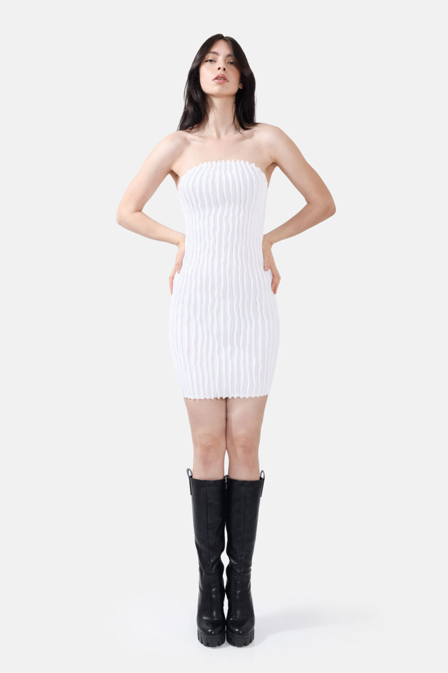 White Rib Knit Mini Dress Pleated Knitwear Kargede Designer Dress Front Avila Out - Mycel – White Rib Knit Mini Dress