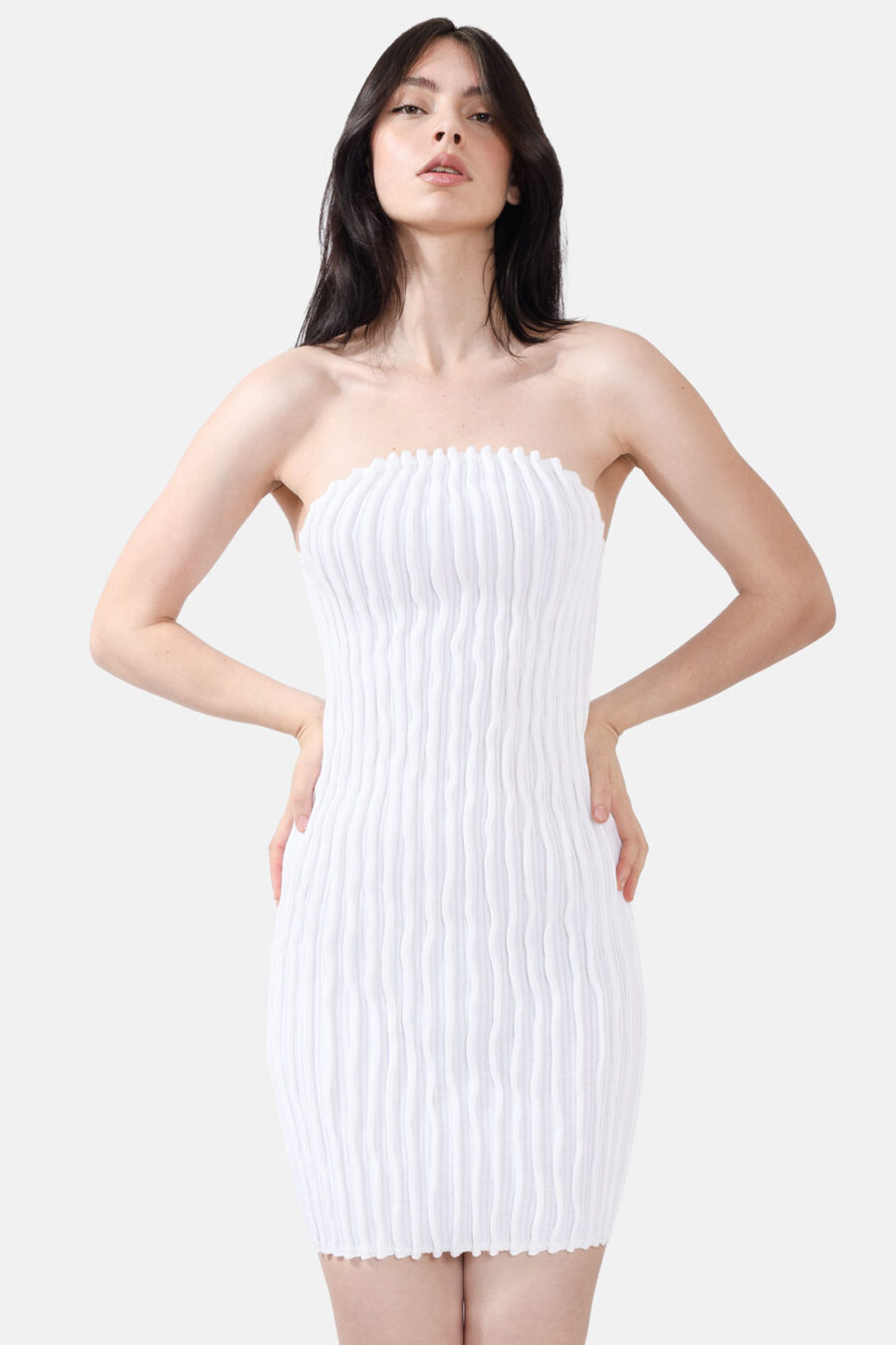 White Rib Knit Mini Dress Pleated Knitwear Kargede Designer Dress Front Avila - Mycel – White Rib Knit Mini Dress