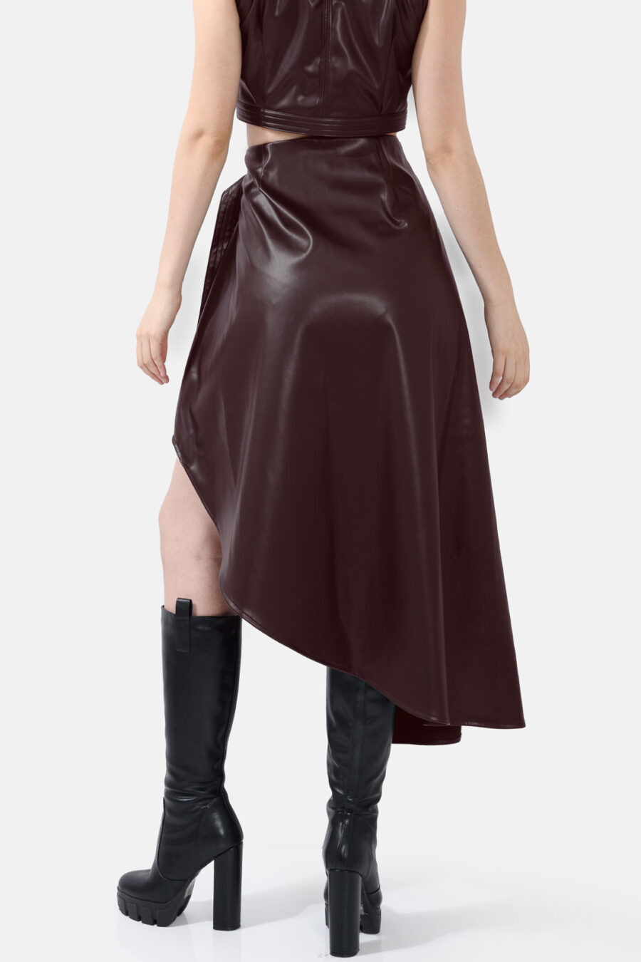 Brown Asymmetrical Wrap Skirt Kargede Designer Skirt Back - Fatale – Brown Asymmetrical Wrap Skirt, Vegan Leather