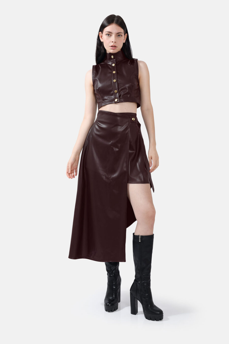 Brown Asymmetrical Wrap Skirt Kargede Designer Skirt Front - Fatale – Brown Asymmetrical Wrap Skirt, Vegan Leather