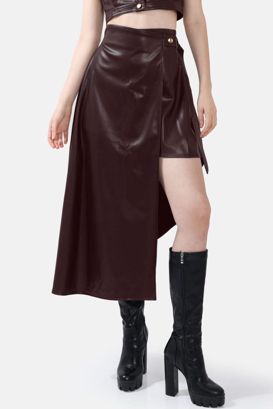 Brown Asymmetrical Wrap Skirt Kargede Designer Skirt Front Close - Fatale – Brown Asymmetrical Wrap Skirt, Vegan Leather