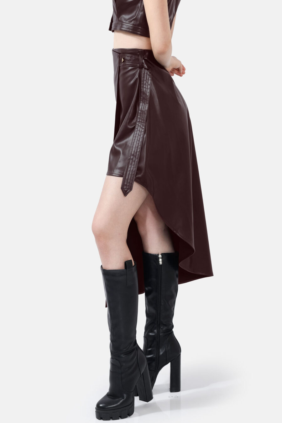 Brown Asymmetrical Wrap Skirt Kargede Designer Skirt Side - Fatale – Brown Asymmetrical Wrap Skirt, Vegan Leather