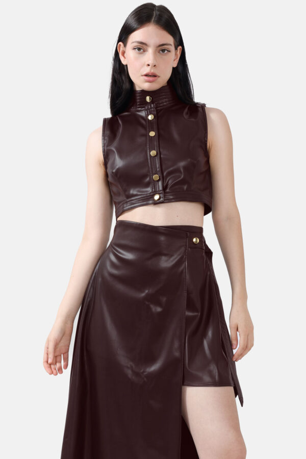 Chocolate Brown Leather Cropped Vest Kargede Designer Vest Avila Front - Whisper – Brown High Neck Vest Top, Vegan Leather