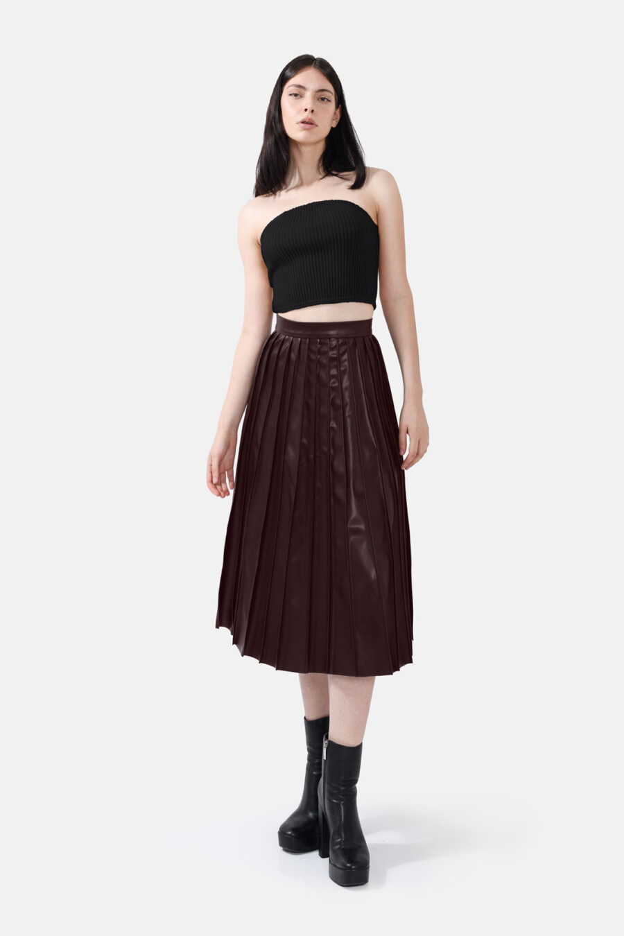 Chocolate Brown Pleated Vegan Leather Midi Skirt Kargede Designer Skirt Front Avila - Solace – Pleated Brown Vegan Leather Midi Skirt