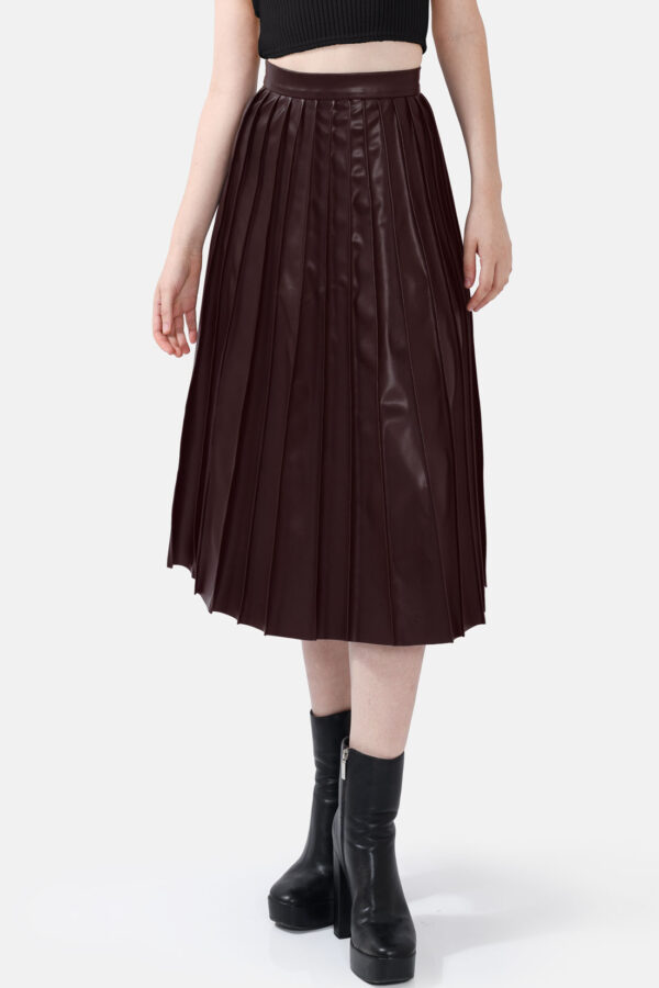 Chocolate Brown Pleated Vegan Leather Midi Skirt Kargede Designer Skirt Front Avila Close - Solace – Pleated Brown Vegan Leather Midi Skirt