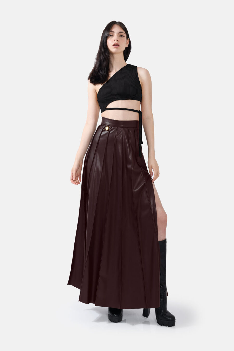 Chocolate Brown Red Pleated Vegan Leather Maxi Skirt Kargede Designer Skirt Front Avila Out - Solace – Pleated Brown Vegan Leather Maxi Skirt