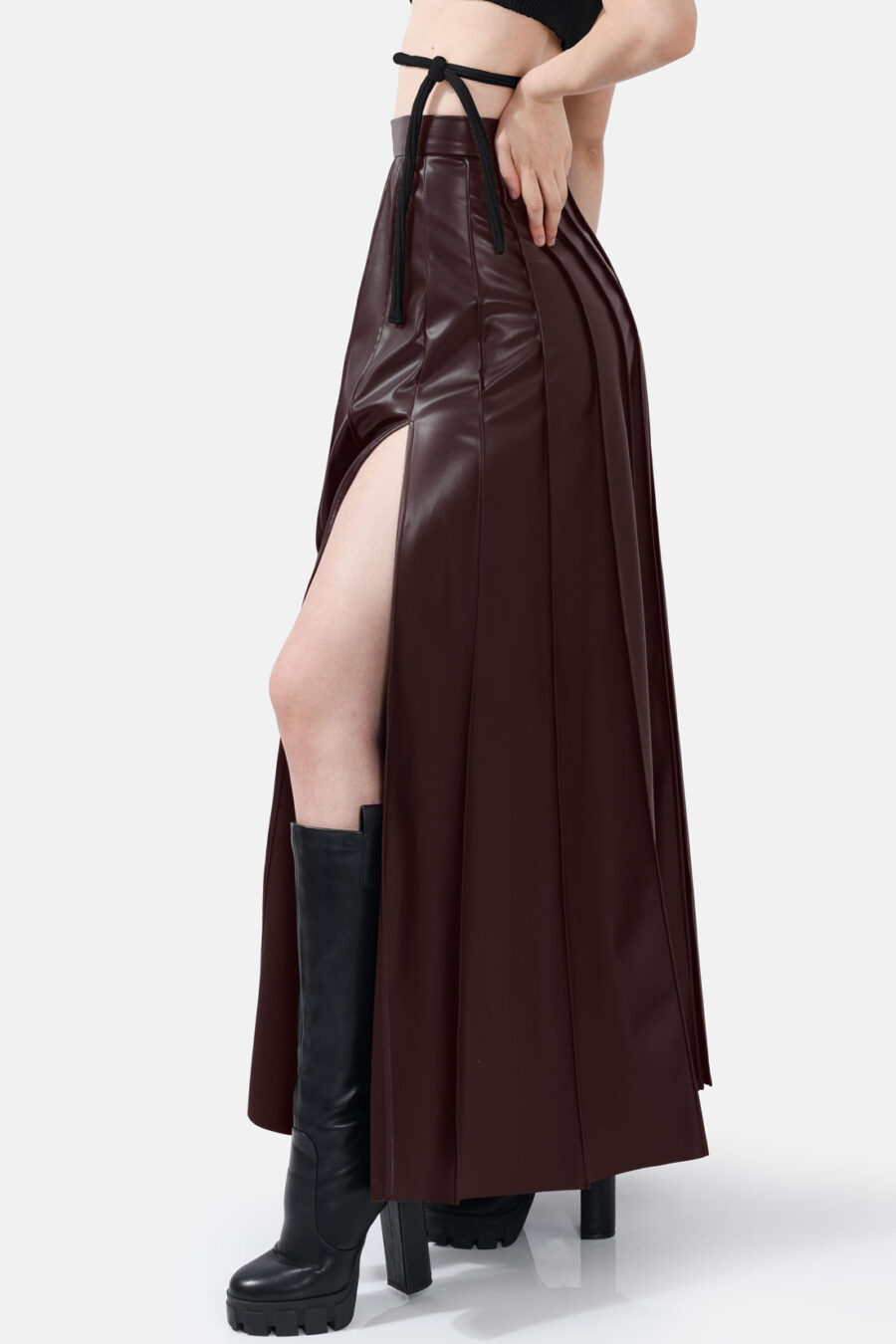 Chocolate Brown Red Pleated Vegan Leather Maxi Skirt Kargede Designer Skirt Side Avila - Solace – Pleated Brown Vegan Leather Maxi Skirt