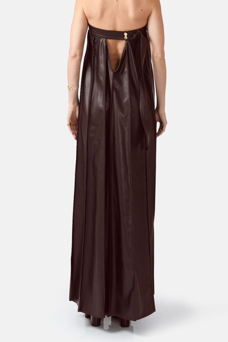 Chocolate Brown Vegan Leather Pleated Maxi Dress Kargede Designer Dress Back - Desire – Brown Strapless Pleated Maxi Dress, Vegan Leather