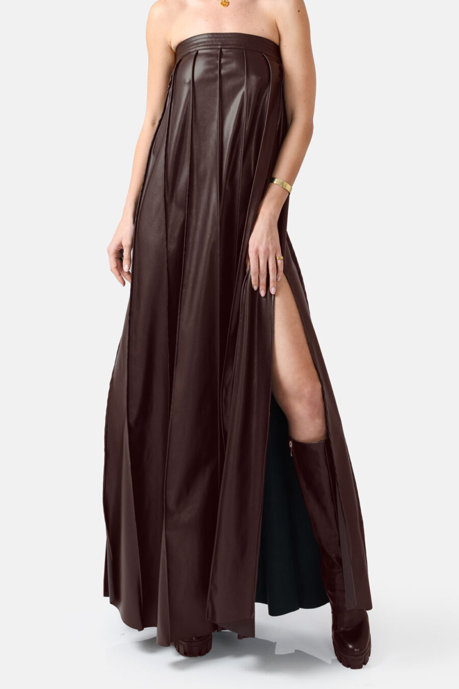 Chocolate Brown Vegan Leather Pleated Maxi Dress Kargede Designer Dress Front - Desire – Brown Strapless Pleated Maxi Dress, Vegan Leather