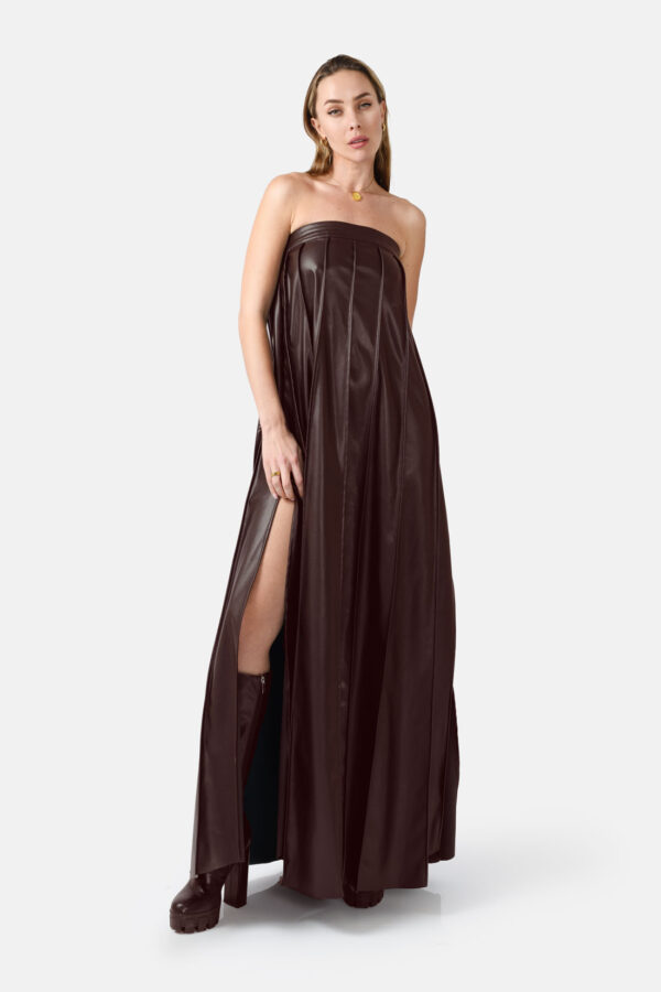 Chocolate Brown Vegan Leather Pleated Maxi Dress Kargede Designer Dress Front - Desire – Brown Strapless Pleated Maxi Dress, Vegan Leather