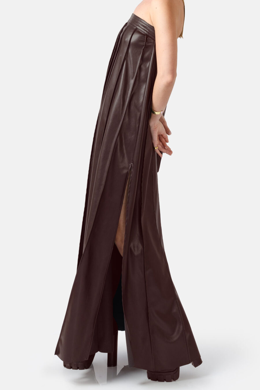 Chocolate Brown Vegan Leather Pleated Maxi Dress Kargede Designer Dress Side - Desire – Brown Strapless Pleated Maxi Dress, Vegan Leather