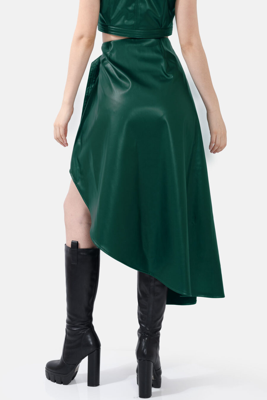 Green Asymmetrical Wrap Skirt Kargede Designer Skirt Back - Fatale – Green Asymmetrical Wrap Skirt, Vegan Leather