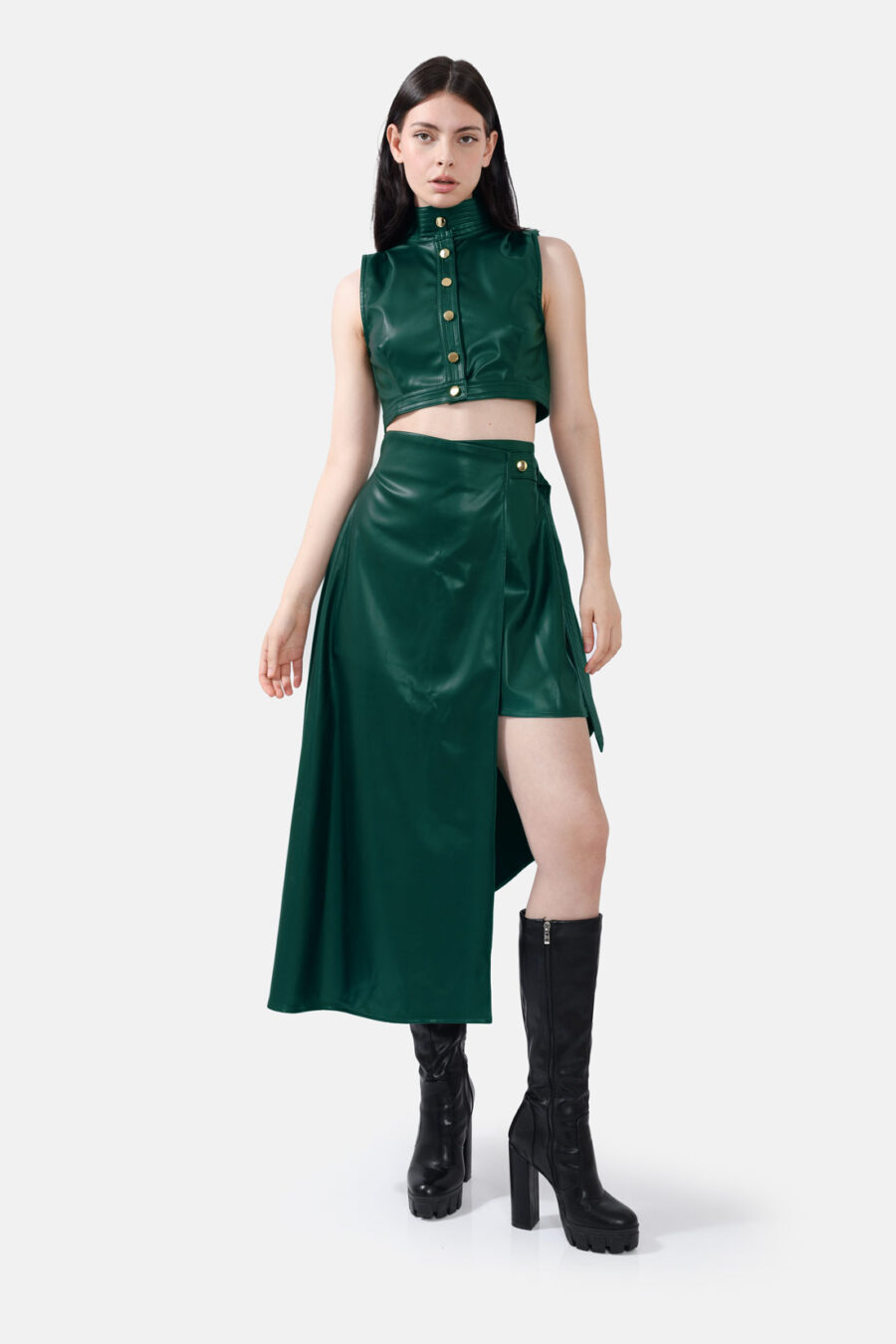 Green Asymmetrical Wrap Skirt Kargede Designer Skirt Front - Fatale – Green Asymmetrical Wrap Skirt, Vegan Leather