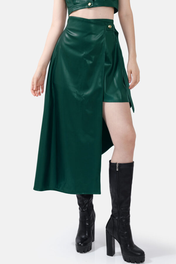 Green Asymmetrical Wrap Skirt Kargede Designer Skirt Front Close - Fatale – Green Asymmetrical Wrap Skirt, Vegan Leather