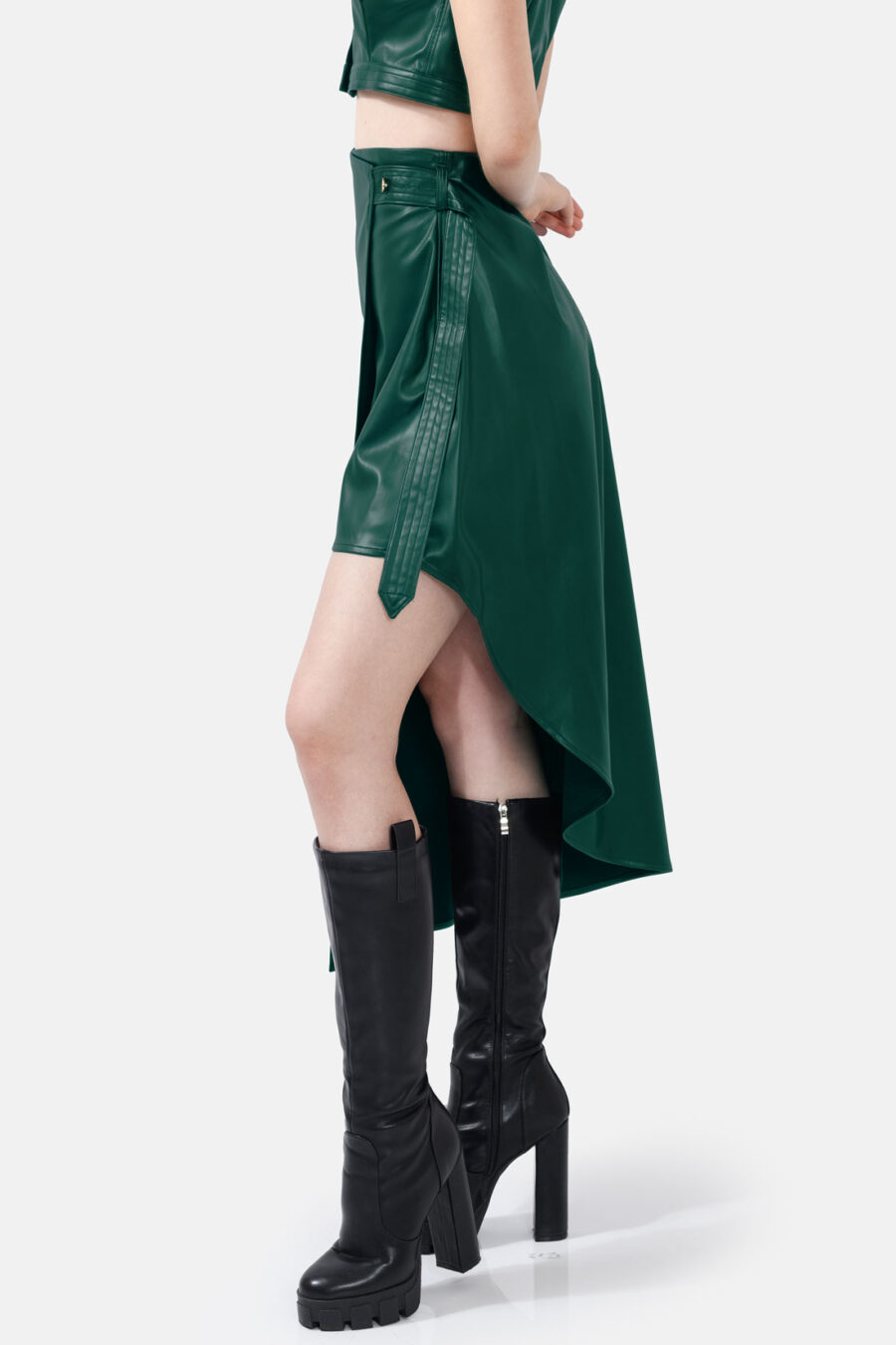 Green Asymmetrical Wrap Skirt Kargede Designer Skirt Side - Fatale – Green Asymmetrical Wrap Skirt, Vegan Leather