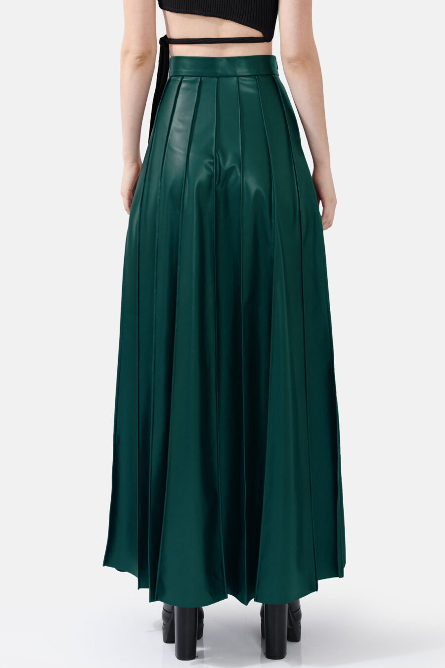 Green Pleated Vegan Leather Maxi Skirt Kargede Designer Skirt Back Avila - Solace – Pleated Green Vegan Leather Maxi Skirt