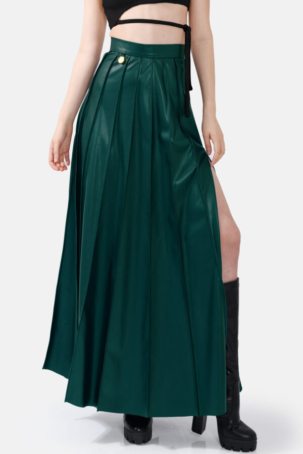 Green Pleated Vegan Leather Maxi Skirt Kargede Designer Skirt Front Avila - Solace – Pleated Green Vegan Leather Maxi Skirt